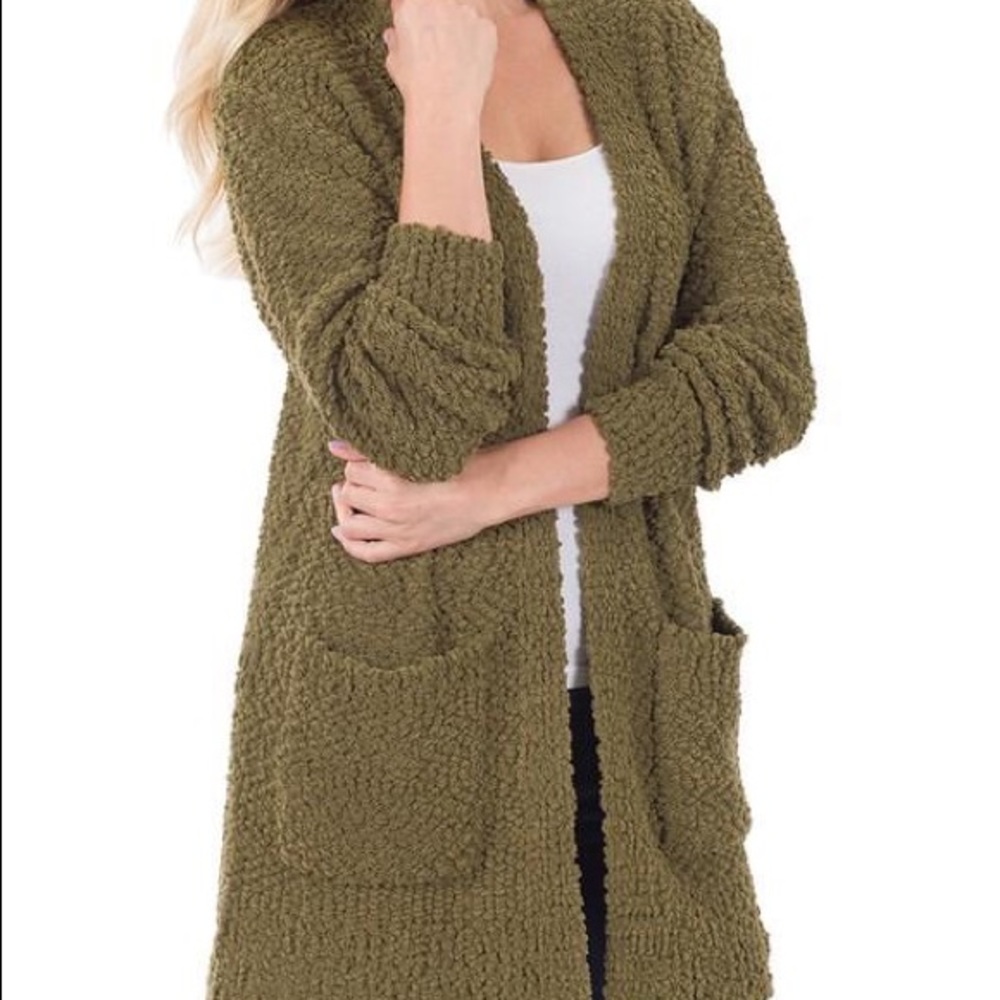 Long Sleeve Popcorn Sweater Cardigan with Pockets - Dusty Olive